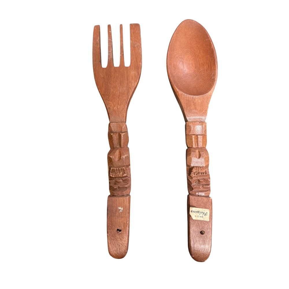 Vintage Hand Carved Wooden Tiki Spoon and Fork Philippines Wall Decor 12 Inch